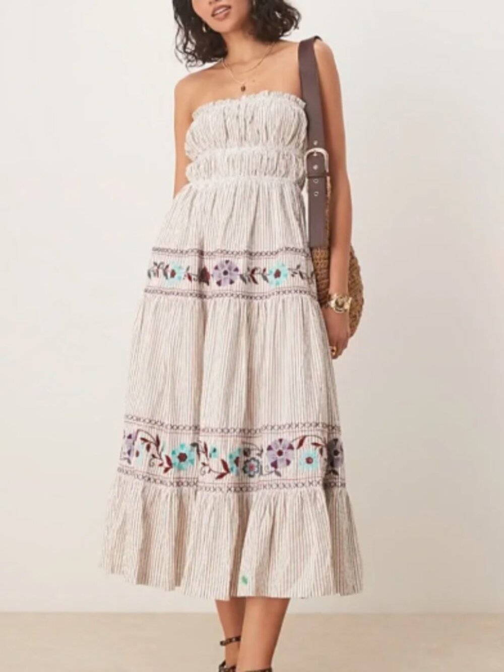 NWT Free People Kalani Stripe Embroidered Strapless Maxi Dress Small